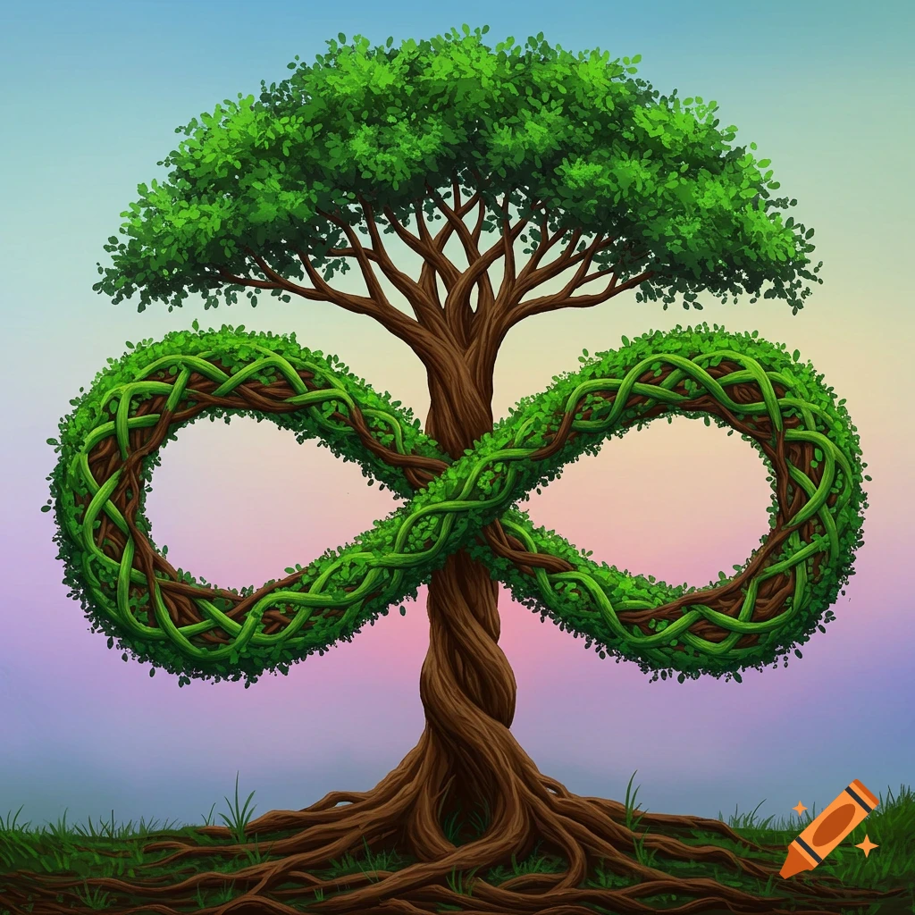 A tree with branches and roots forming an infinity symbol, covered in vines against a colorful sky.