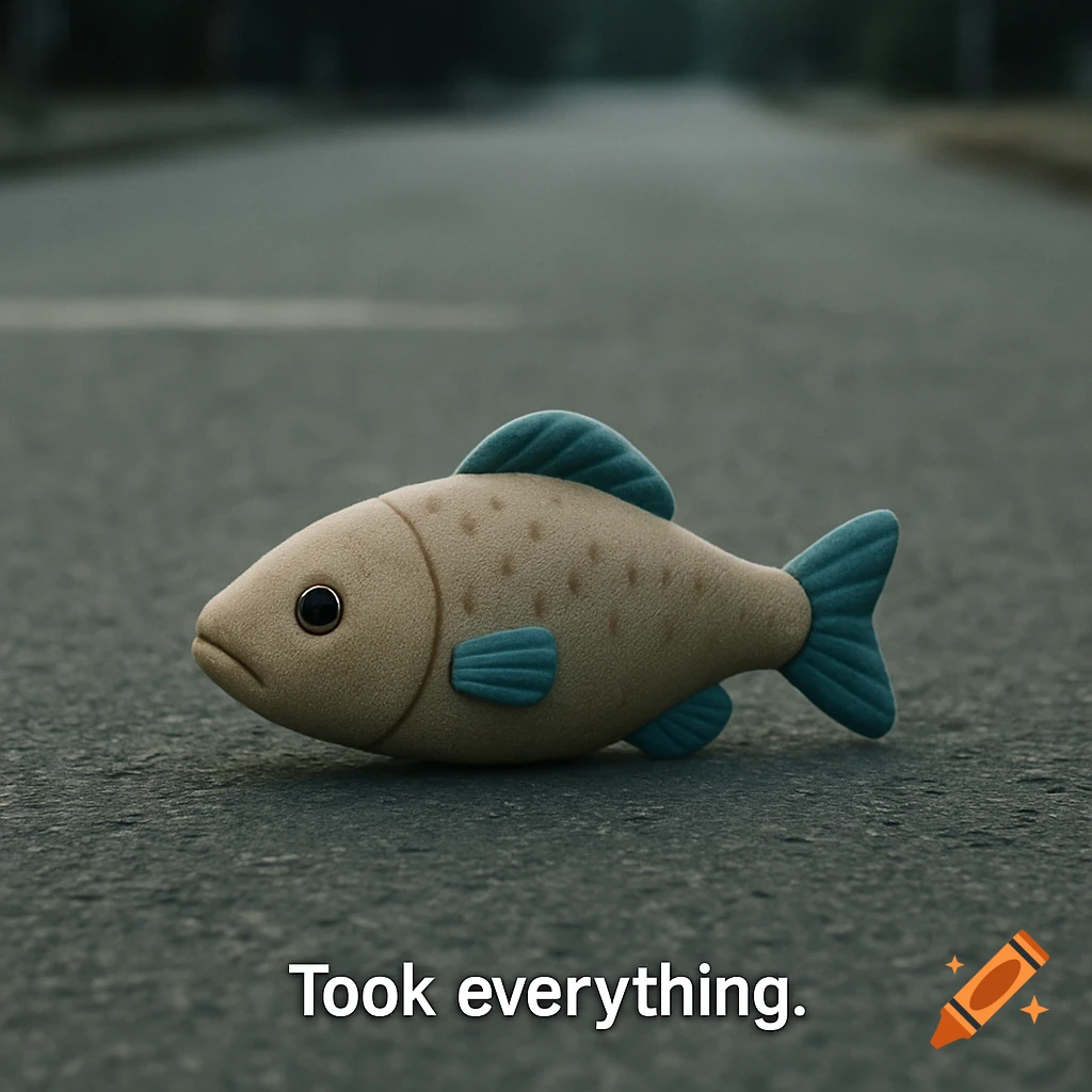 A plush fish lies on a road with text overlayed reading "Took everything."