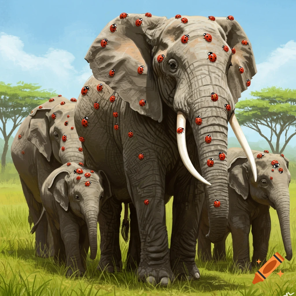 A family of elephants covered in ladybugs in a savanna.