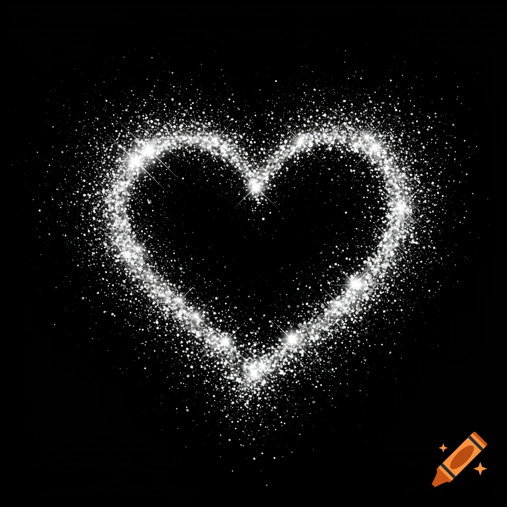 A sparkly silver glitter heart on a black background.