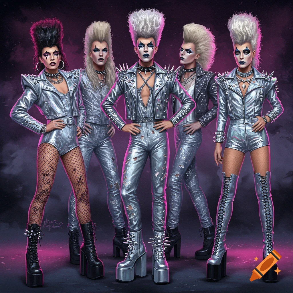 Group of people in silver punk disco outfits with large hair and makeup.