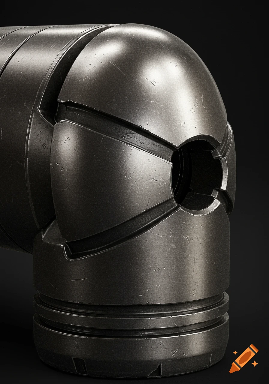Close-up of dark metallic industrial object with intersecting geometric shapes.