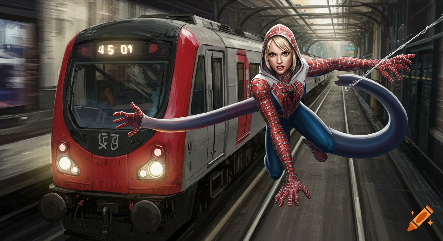 Gwen Stacy with stretchy arms swings near a moving train in a subway station, illustration style.