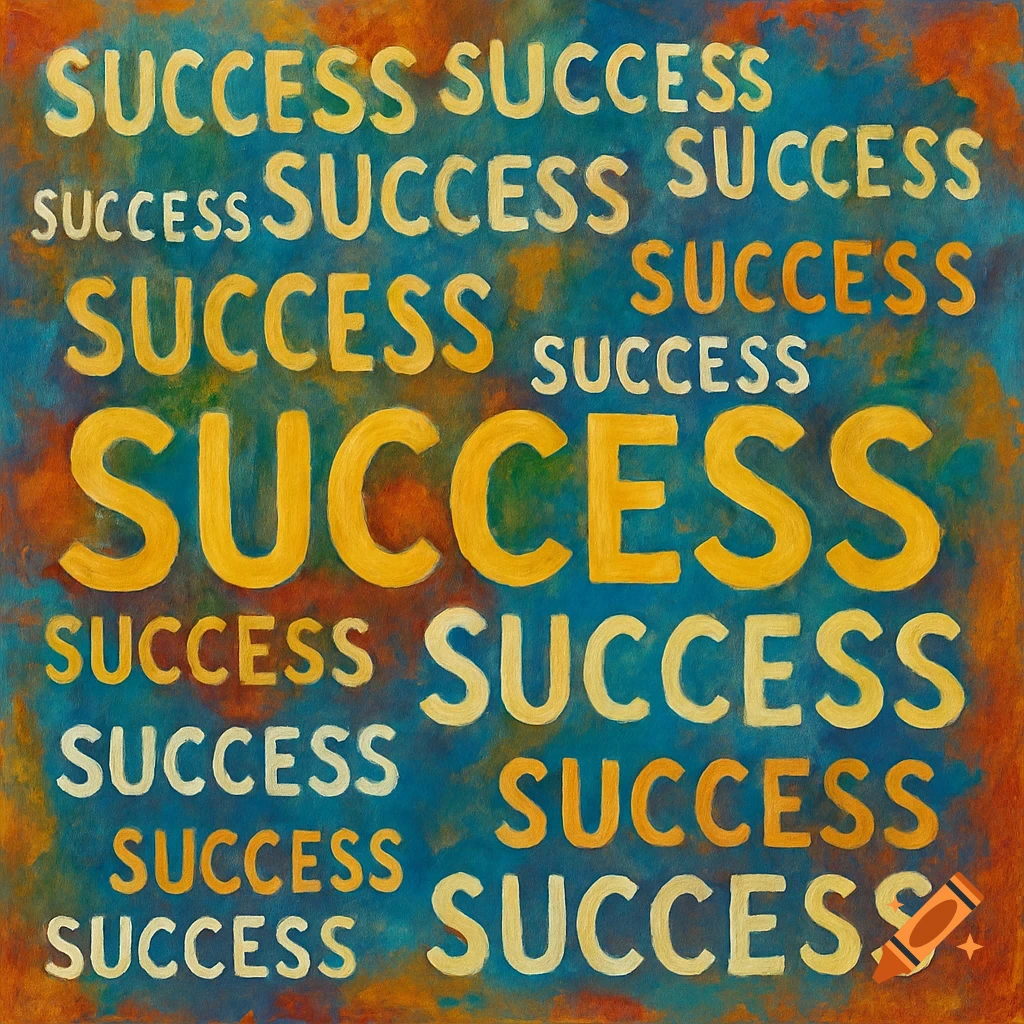 A painting showing the word SUCCESS repeated many times in yellow and white against a blue, green, and orange abstract background.