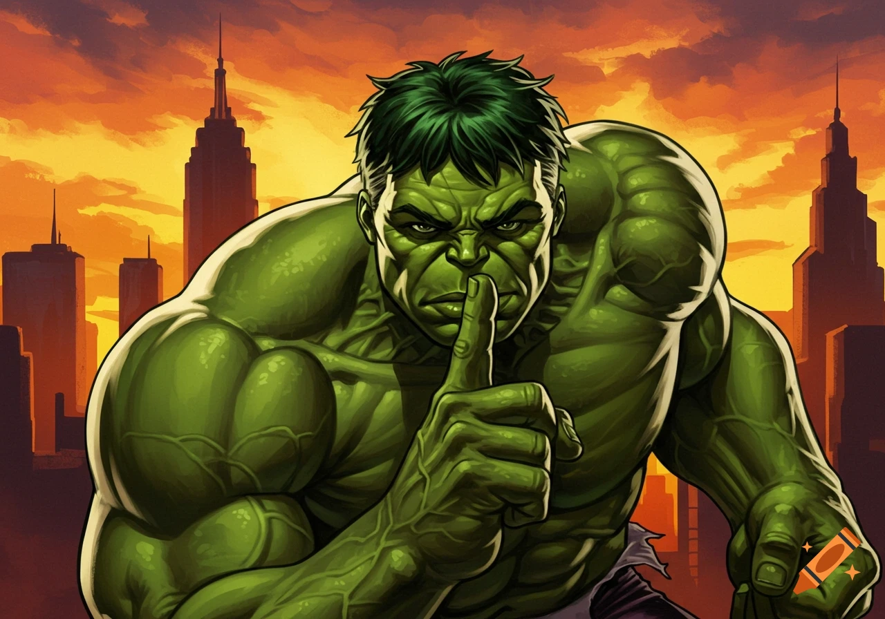 Comic illustration of the Hulk making a shushing gesture in front of a city skyline at sunset.
