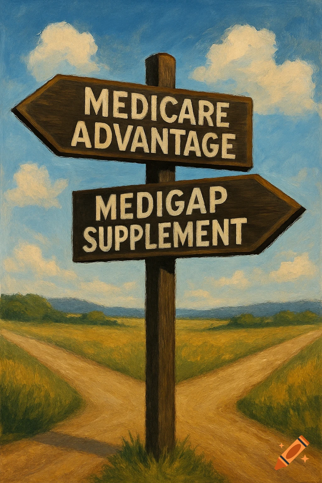 Crossroads signpost pointing to Medicare Advantage and Medigap Supplement in a landscape.