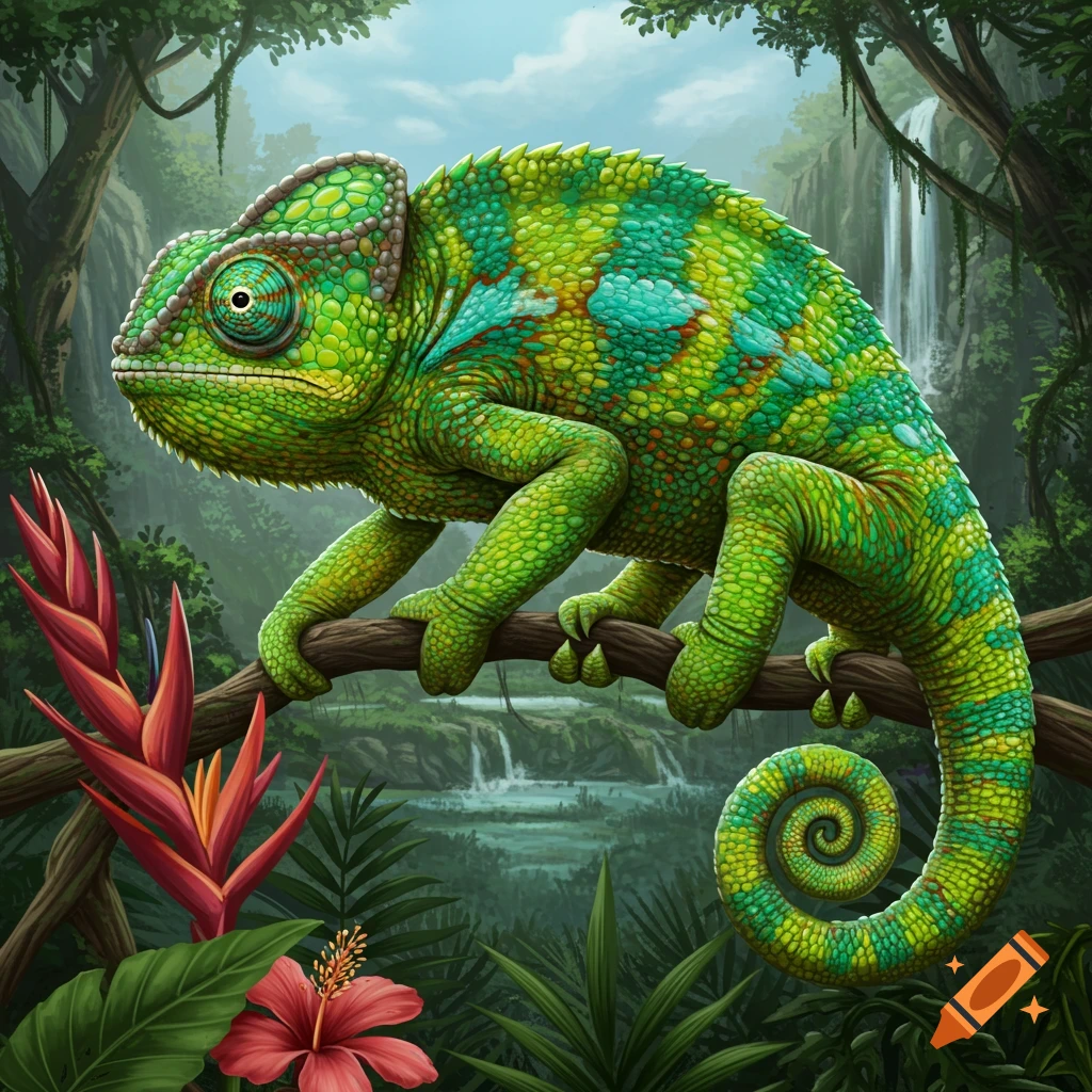 A vibrant green and blue chameleon sits on a branch in a lush jungle with waterfalls.