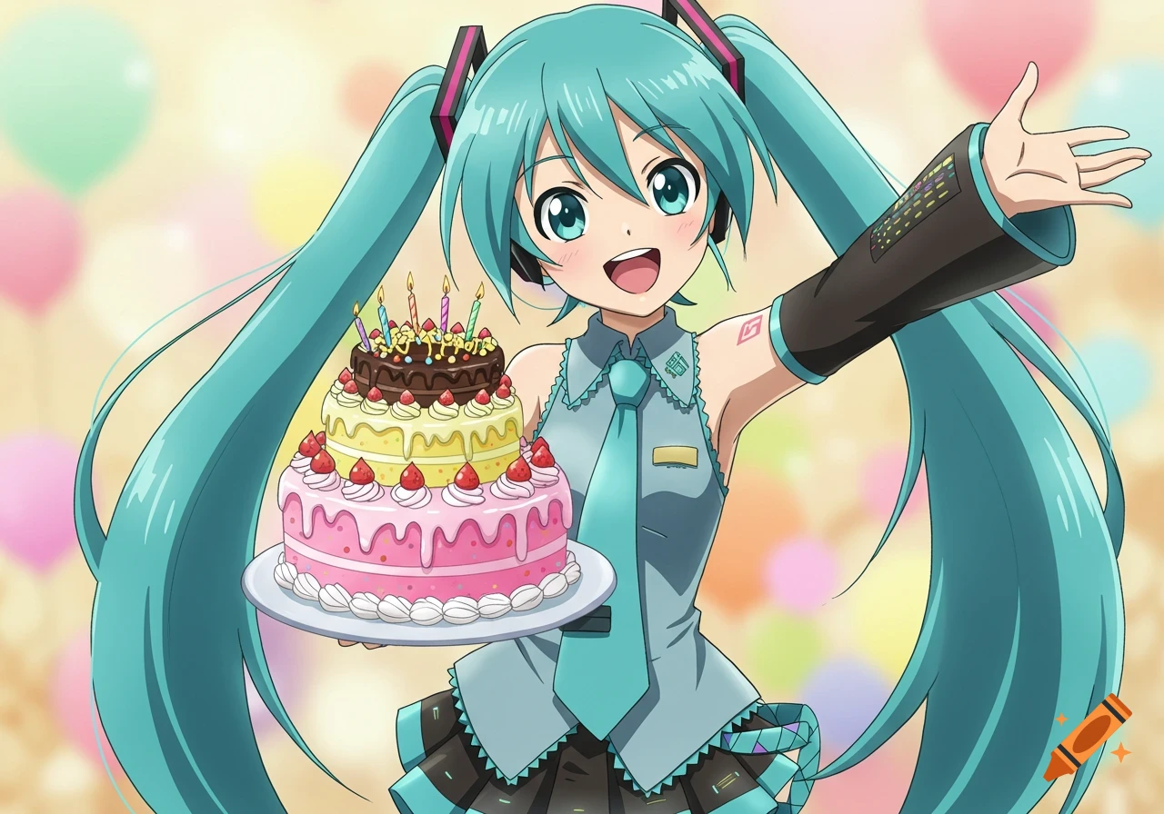 Hatsune Miku anime character holding a large birthday cake.
