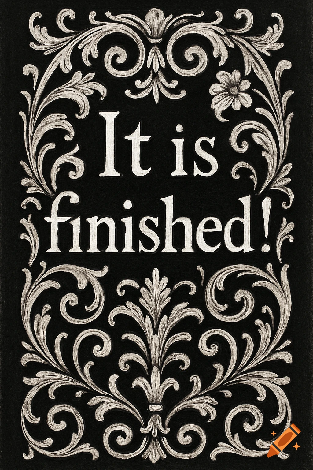 Black and white decorative decal with scrollwork and the text "It is finished!"