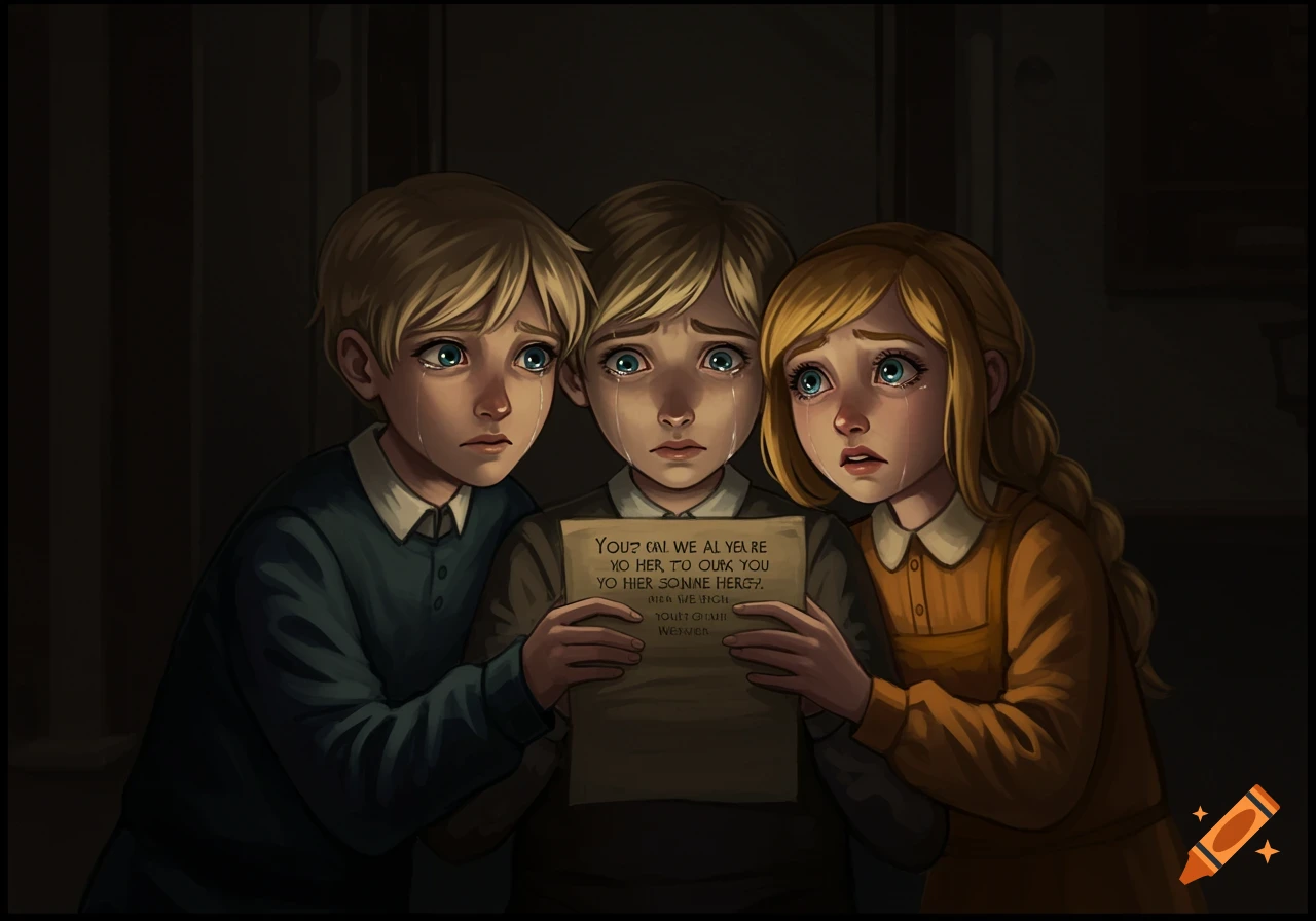Illustration of three crying children holding a piece of paper.