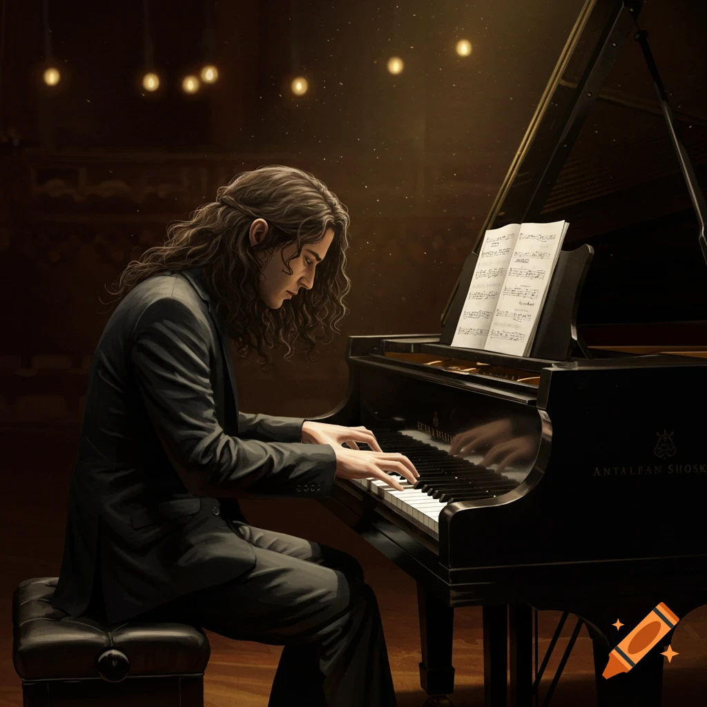 Person with long hair playing a grand piano in a concert hall.