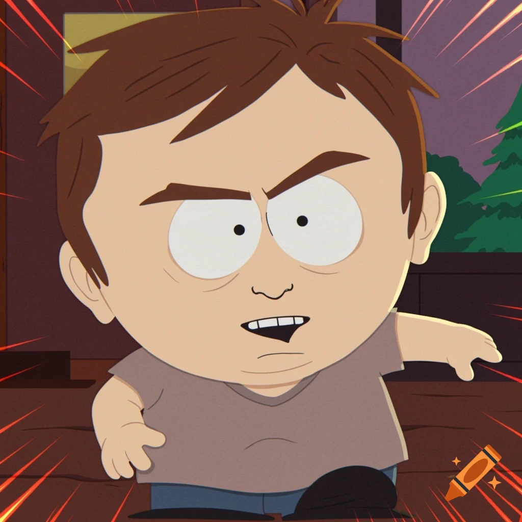 A South Park style cartoon character looks angry and points.