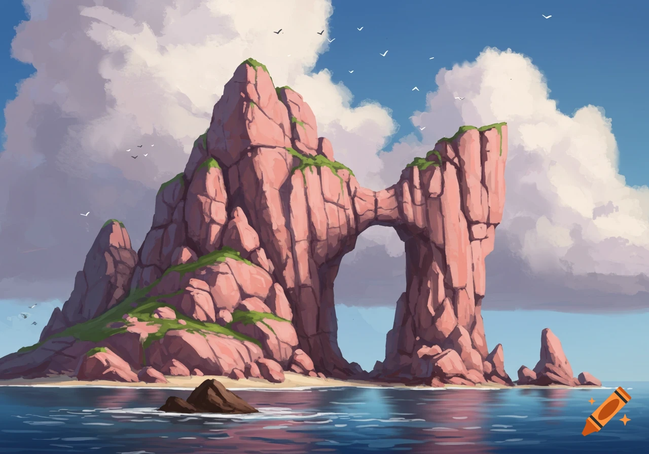 Painted coastal landscape with a large pink rock formation, a natural arch, and clouds.
