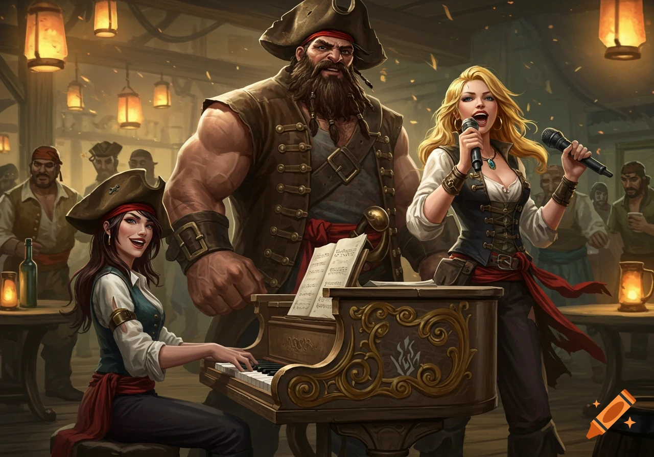 Pirates in a tavern: a muscular man stands behind a piano where a woman plays while another woman sings into microphones.