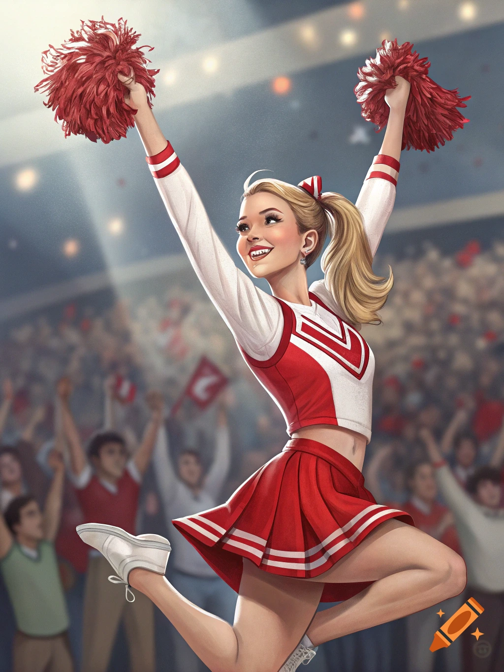 Illustration of a blonde cheerleader jumping with red pom-poms in a stadium.