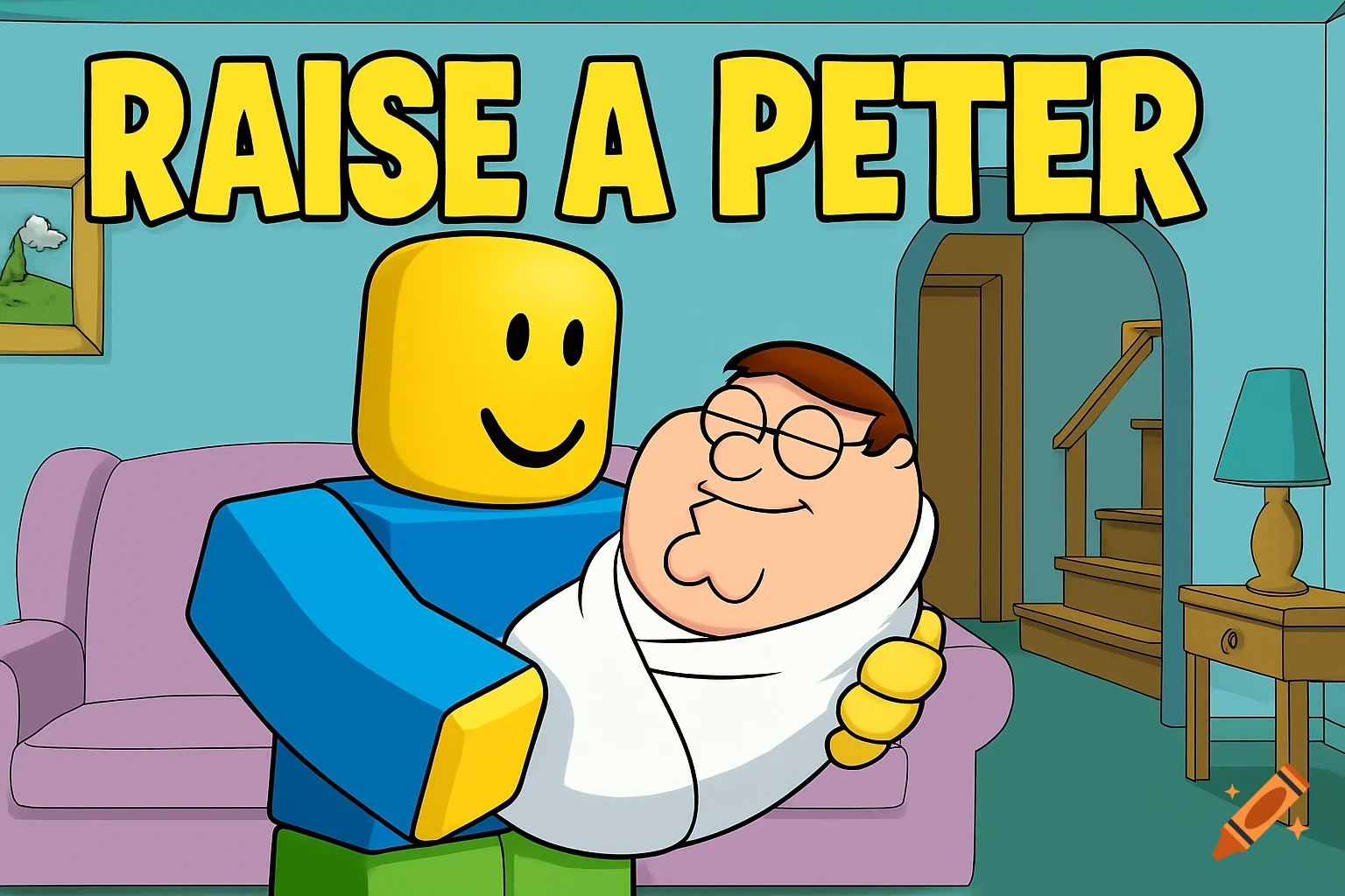 Cartoon style image of a Roblox character holding baby Peter Griffin in the Family Guy living room with 'RAISE A PETER' text.