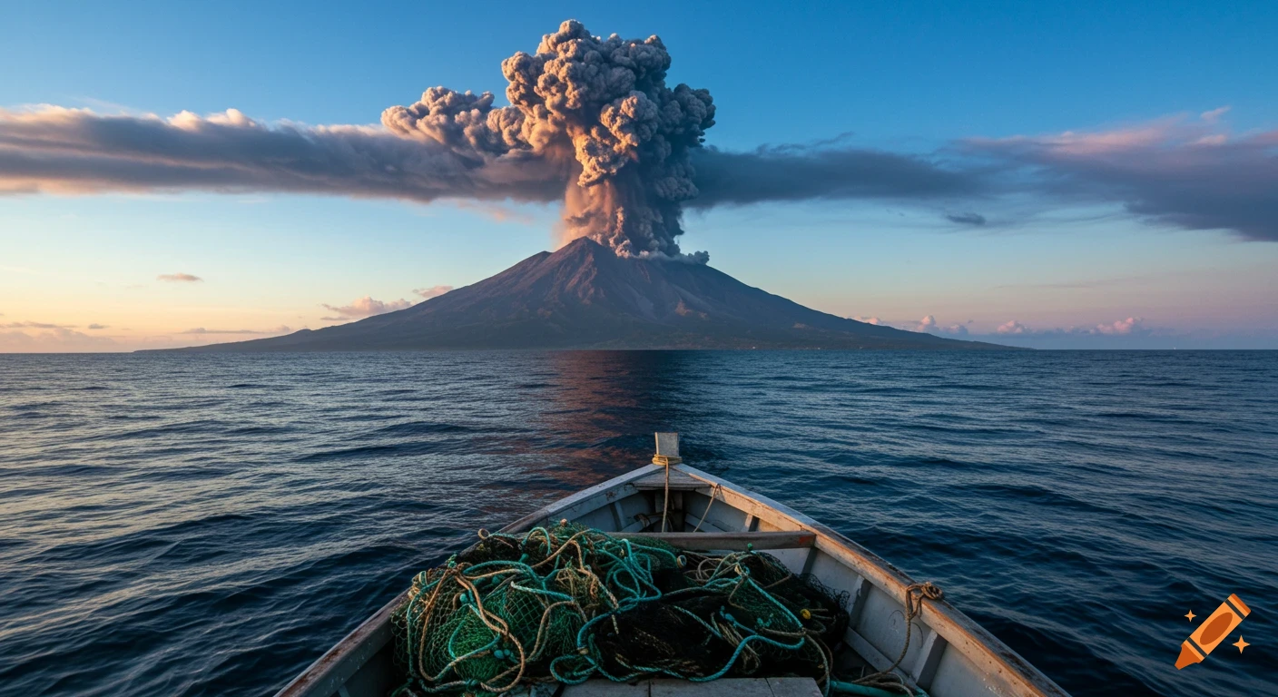 View from a boat of a volcano erupting with a large smoke plume over the ocean at sunset.