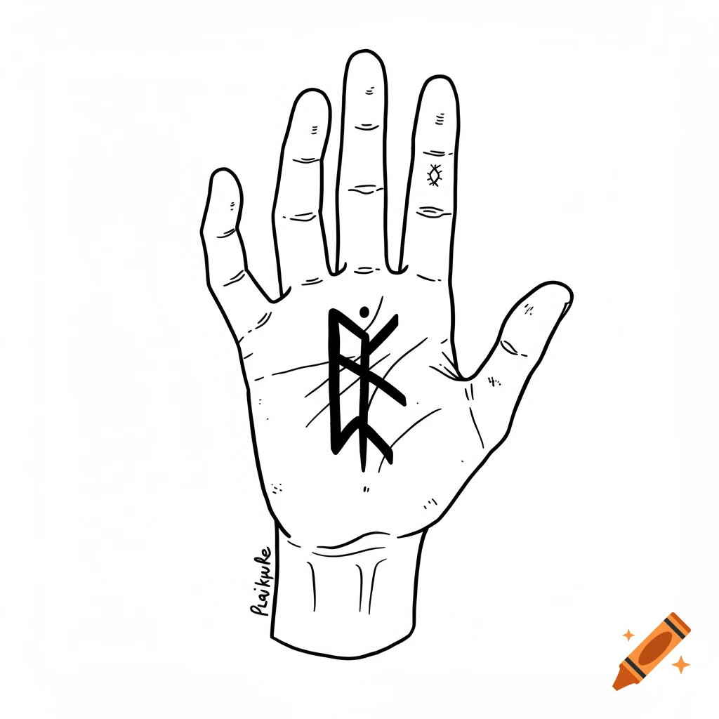 Line art drawing of a hand with a magic rune symbol on the palm.