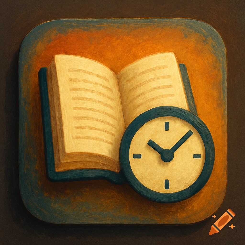An icon depicting an open book next to a clock with dark hands on a round face, rendered in a textured, painterly style.