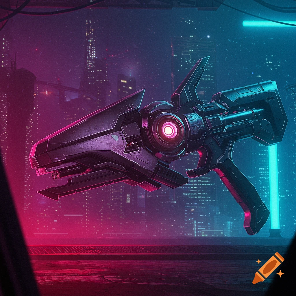Red Rising Pulseblade Futuristic weapon in a cyberpunk cityscape with neon lights. on Craiyon