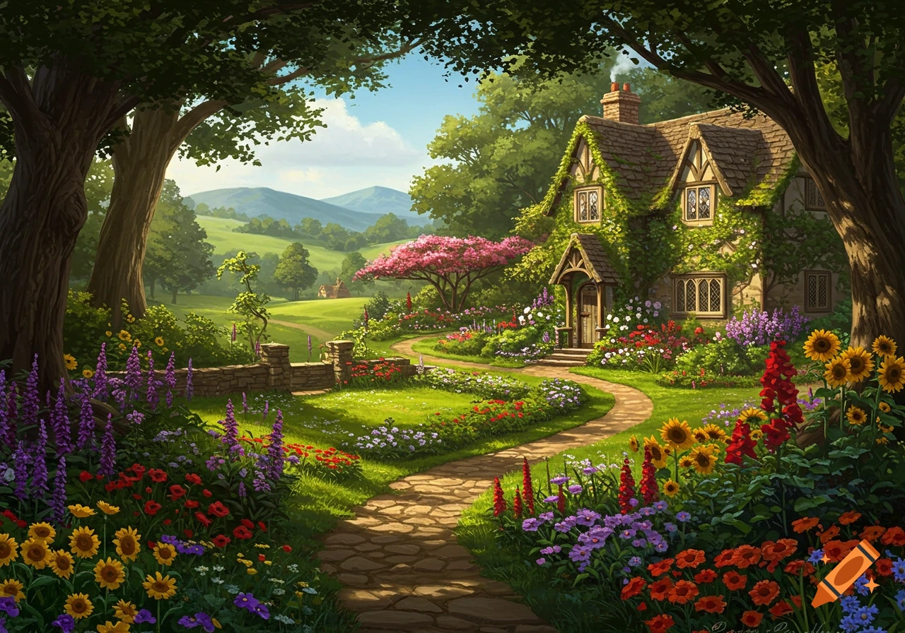 A stone path winds through a lush cottage garden filled with flowers, trees, and mountains in a painterly style.