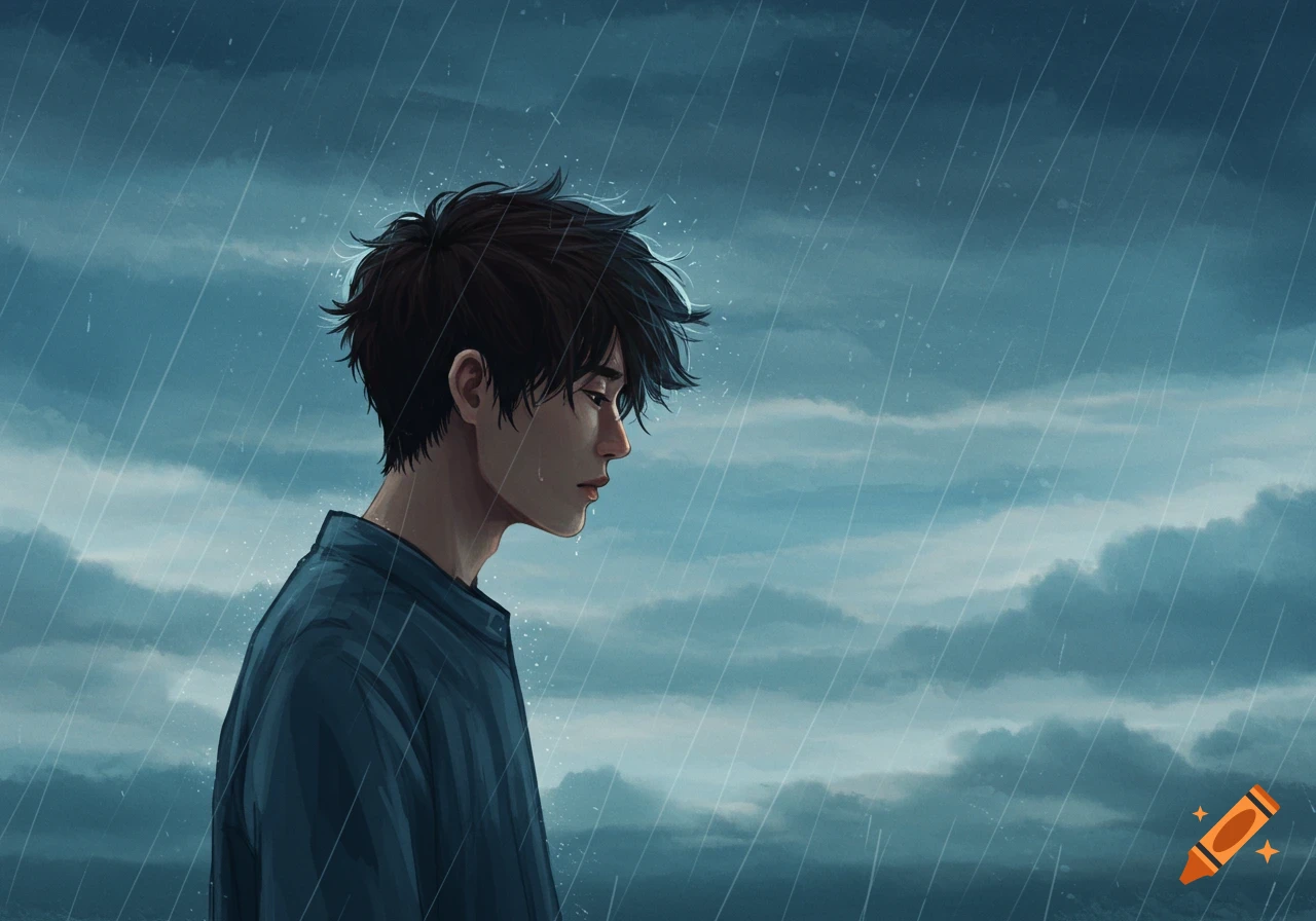 An illustration of a person standing in the rain, looking down.