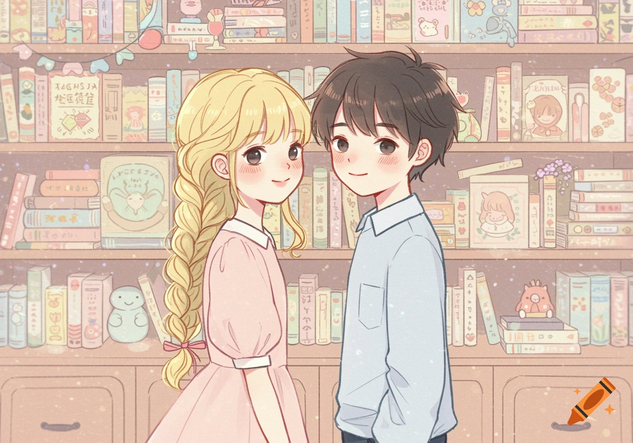 Anime illustration of a boy and girl standing in front of a bookshelf in pastel colors.