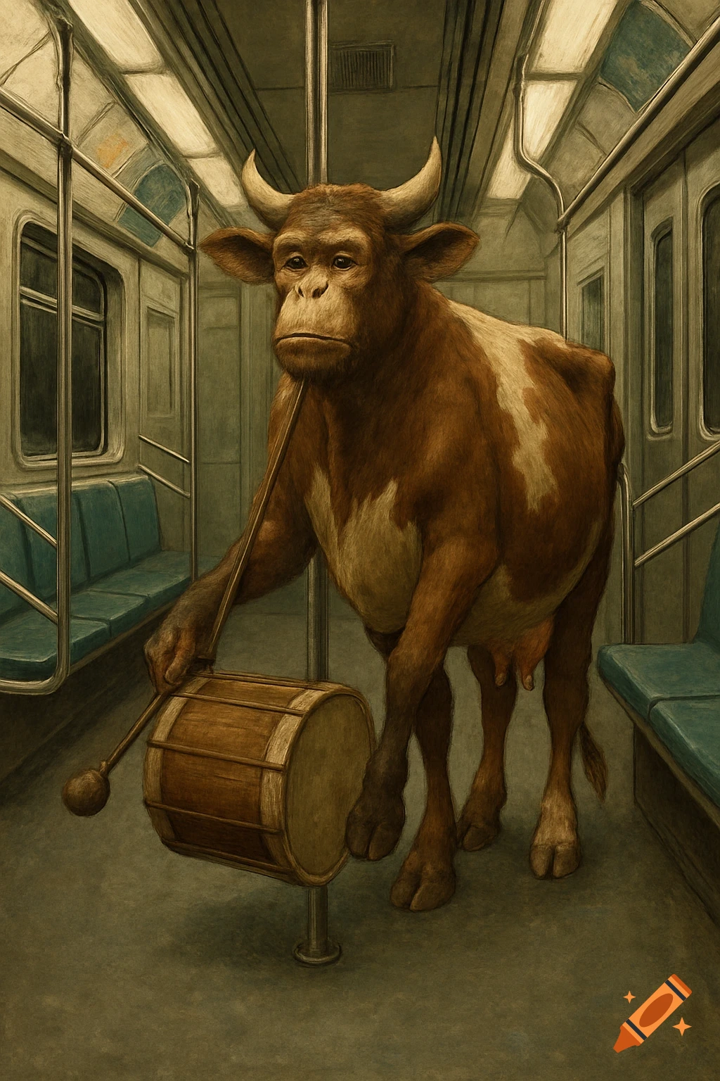 A creature combining features of a chimpanzee and a cow plays a drum in a subway car.