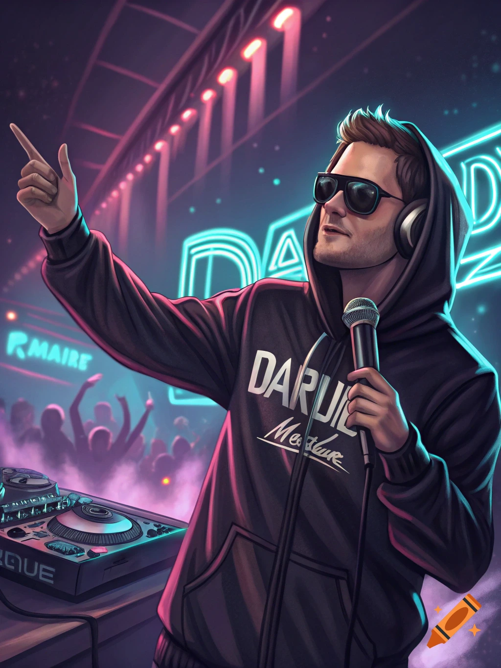 Digital illustration of a DJ performing on a stage in front of a crowd with neon lights.