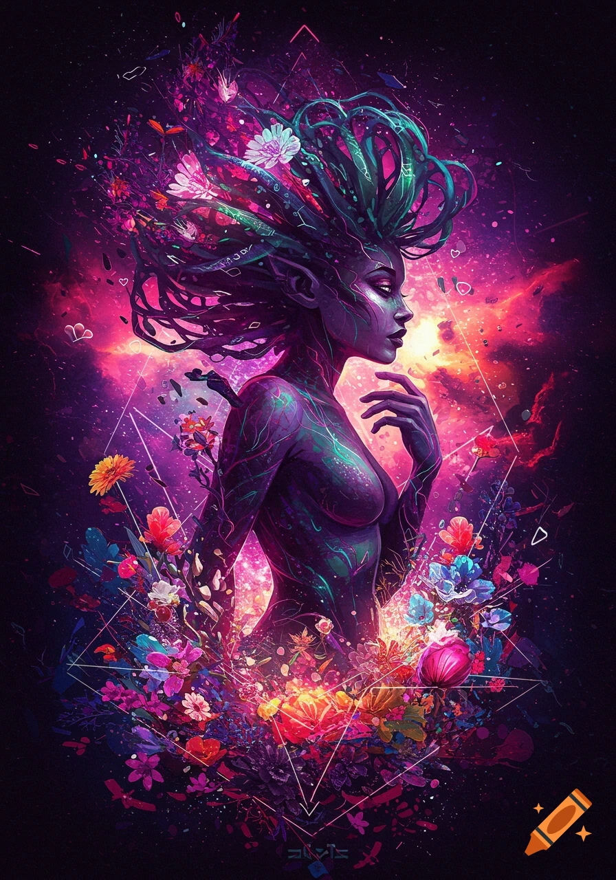 Stylized fantasy figure surrounded by flowers and cosmic elements.