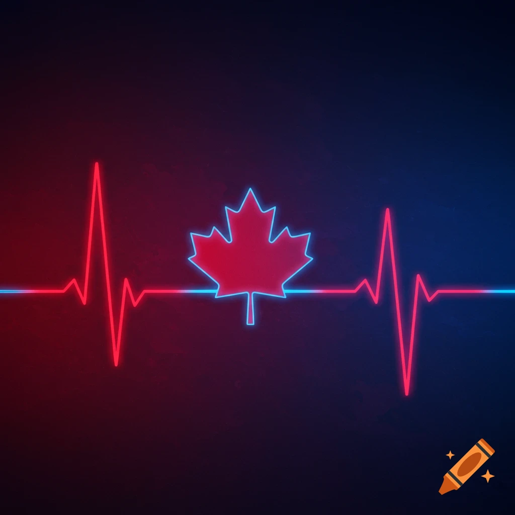 A red neon heartbeat line with a blue outlined red Canadian maple leaf in the center on a dark background.