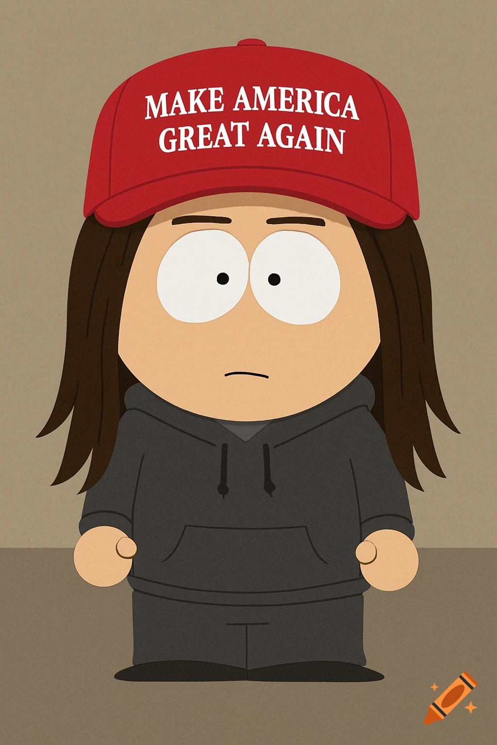 A South Park character wearing a red hat with 'MAKE AMERICA GREAT AGAIN' written on it, a grey hoodie, and sweatpants.