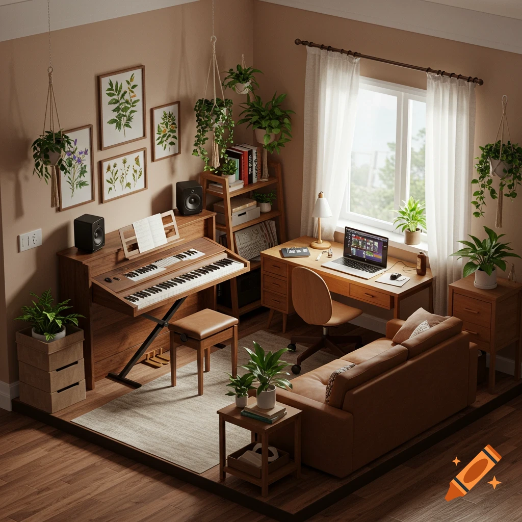A cozy, plant-filled room with a piano, desk, bookshelf, and sofa.