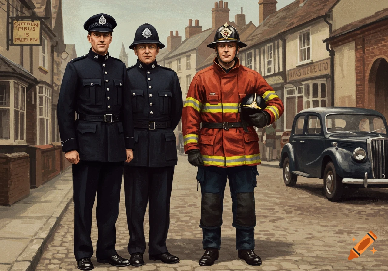Three uniformed figures, two police and one firefighter, stand on a street next to a vintage car in an urban scene.