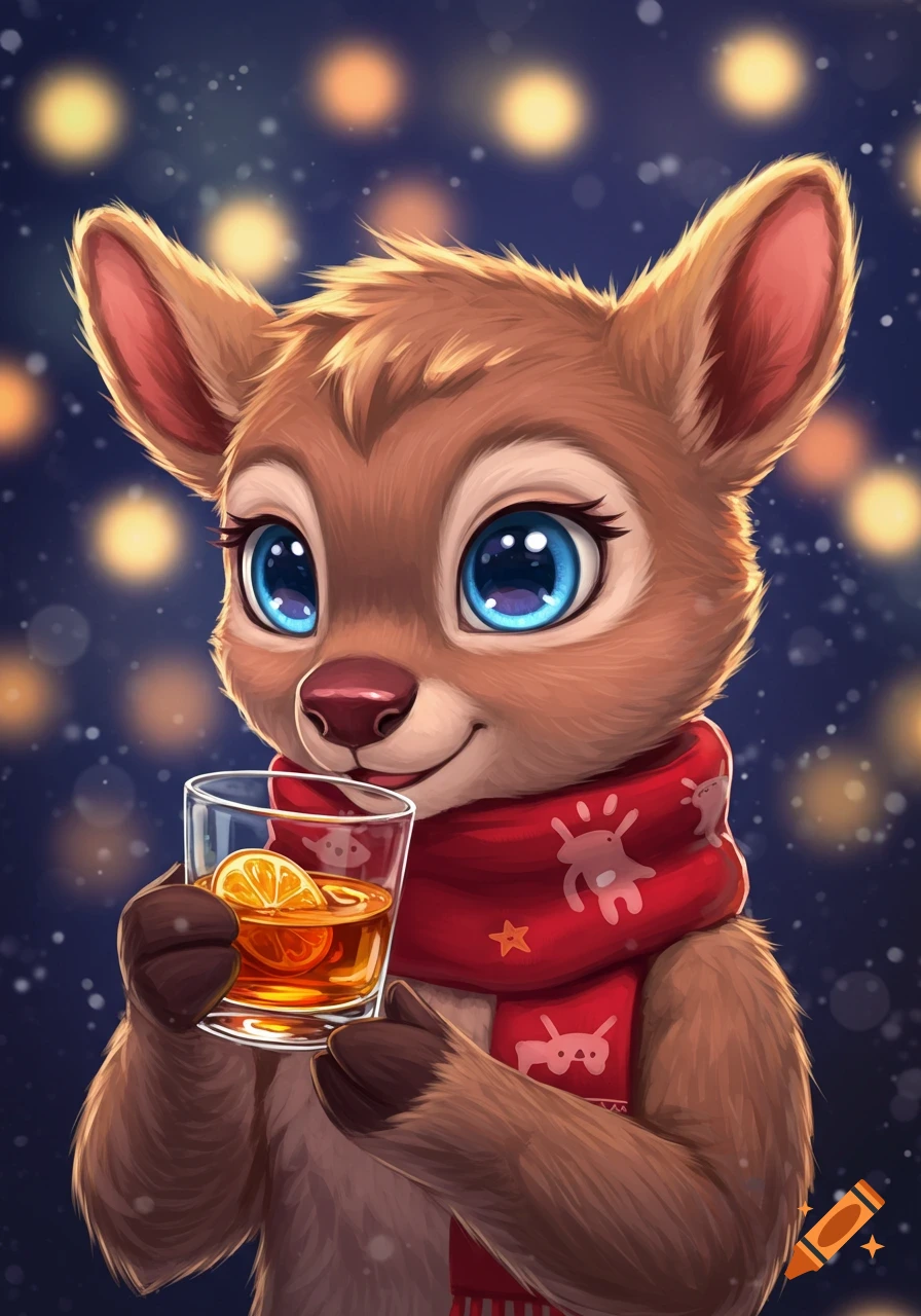 A cute anthropomorphic deer wearing a red scarf holds a glass with a drink and orange slice against a bokeh light background.