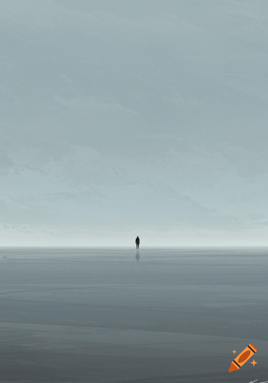 A lone figure stands on a vast, reflective gray plain under a cloudy sky in a minimalist style.