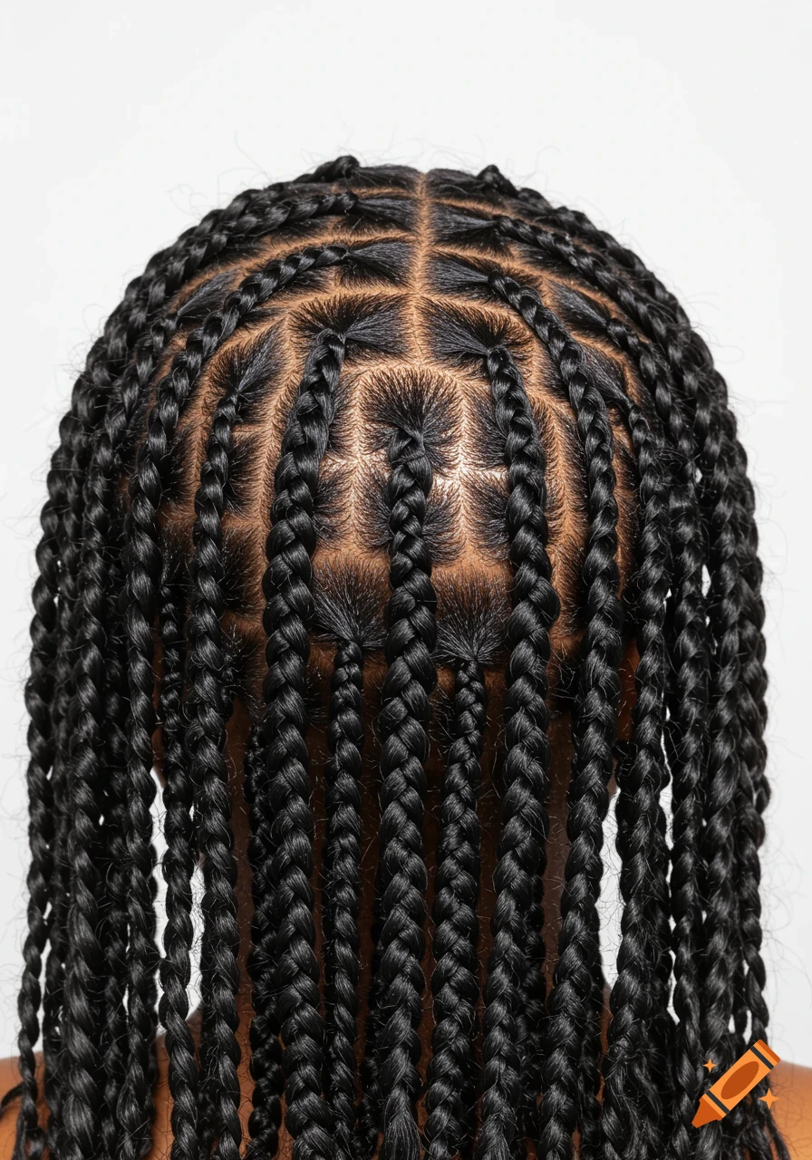 Close-up shot of black hair with box braids showing new growth at the roots.