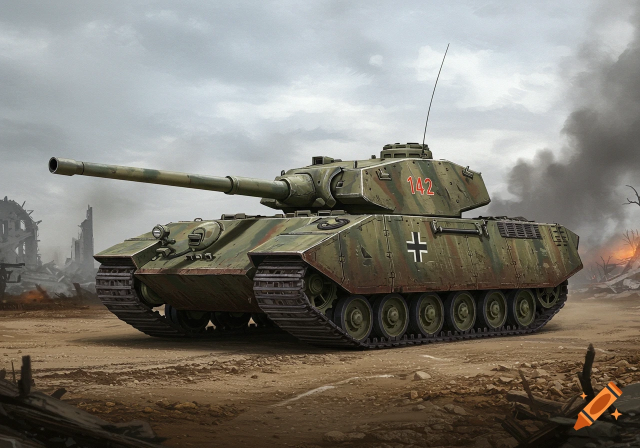 Detailed illustration of a large German tank with camouflage and markings, number 142, in a destroyed city.