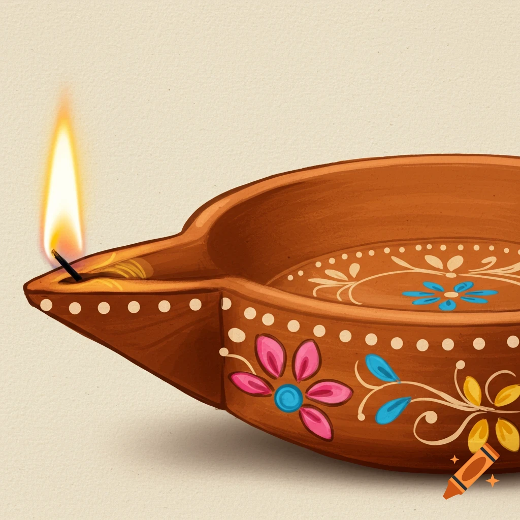 A lit clay oil lamp decorated with colorful floral patterns.