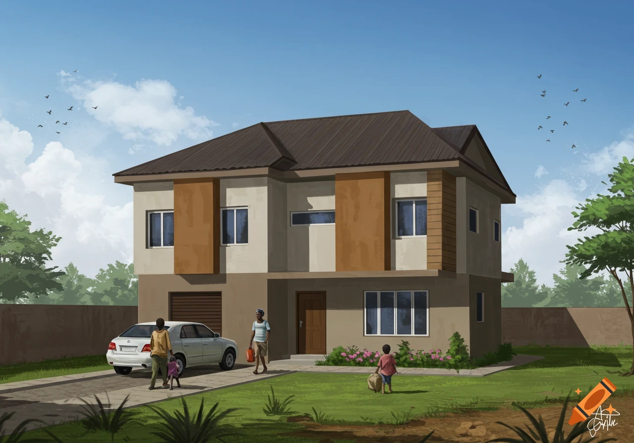 Illustration of a modern family house with a car in the driveway and people in the yard.