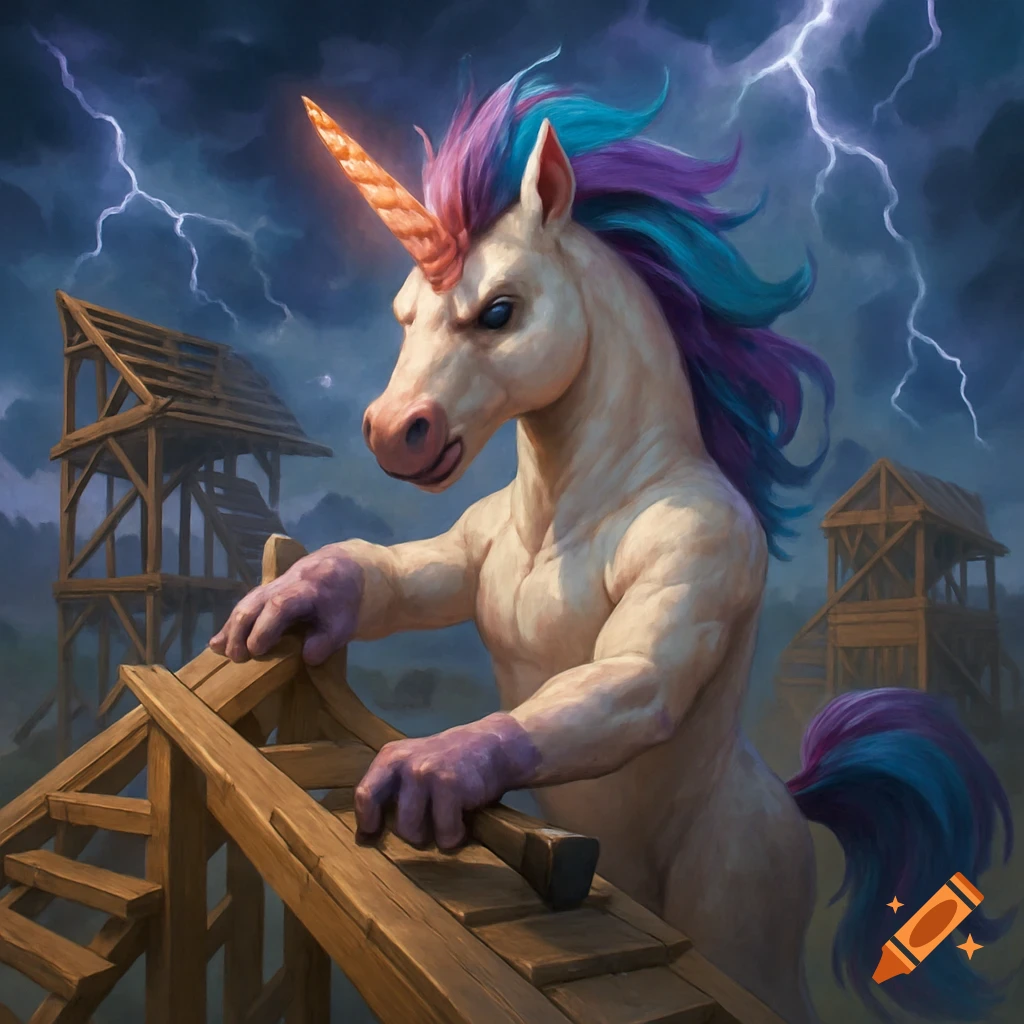 Muscular unicorn builds wooden structure under stormy sky in a fantasy world.