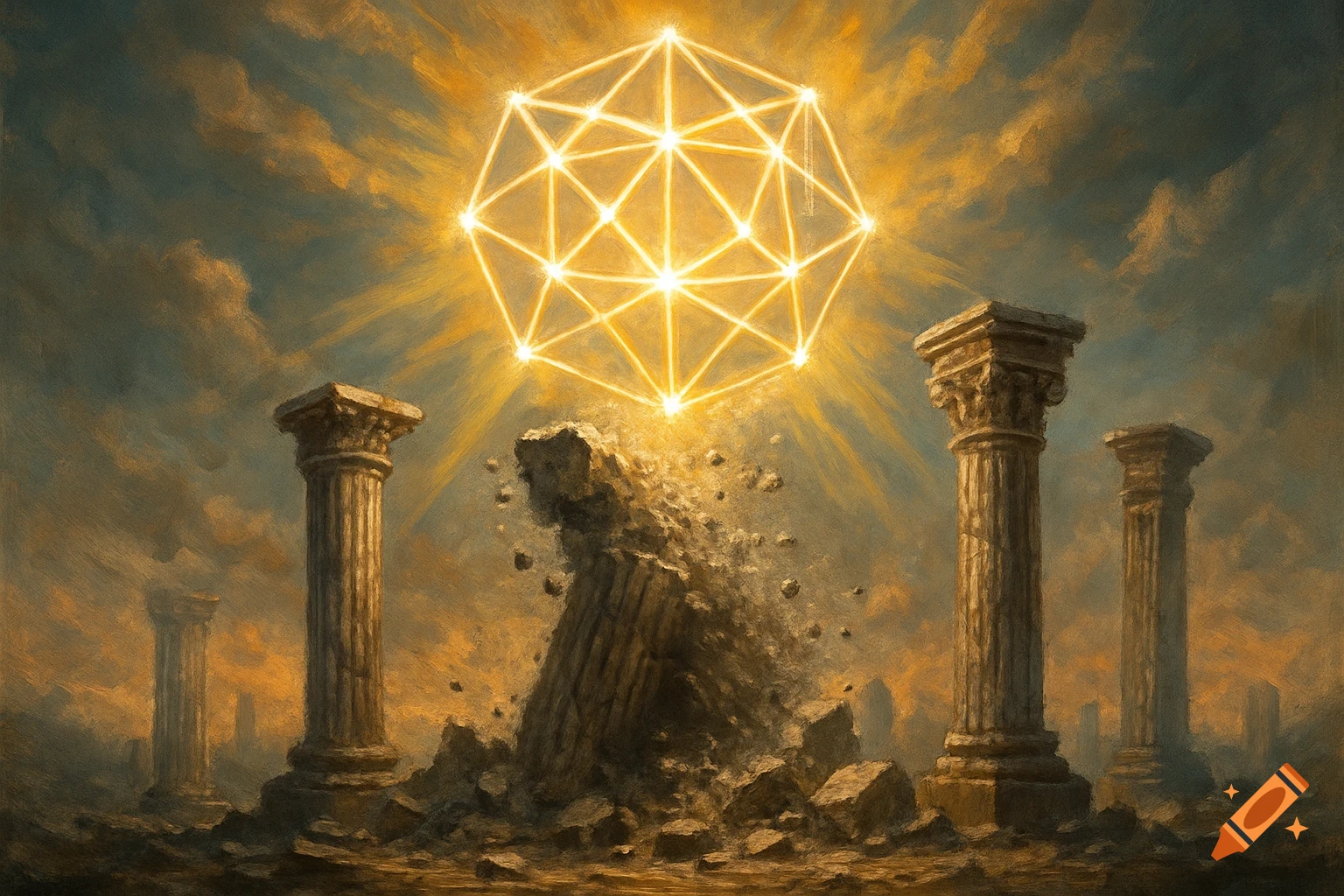 A glowing golden geometric shape hovers above crumbling pillars and ruins under a dramatic sky, rendered in a painterly style.