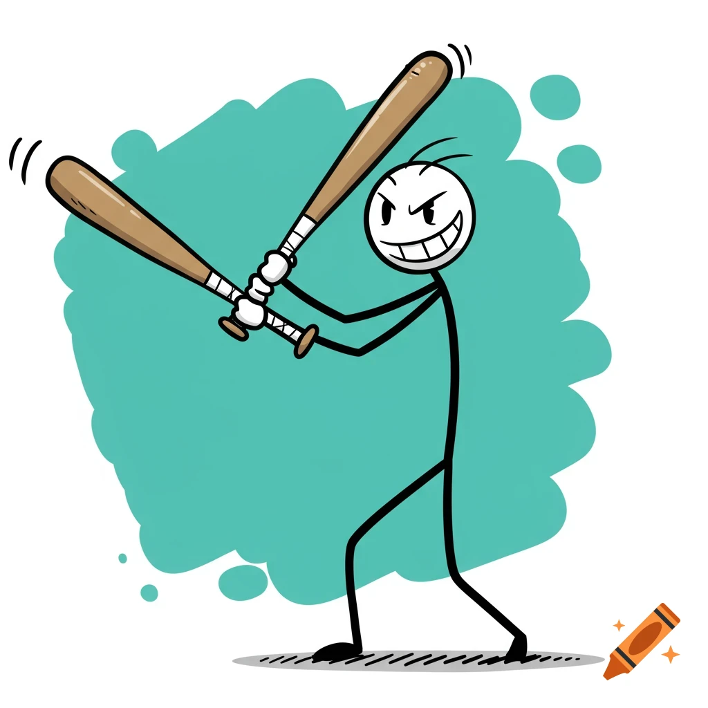 Cartoon stick figure character with an aggressive smile swinging two baseball bats against a teal background.