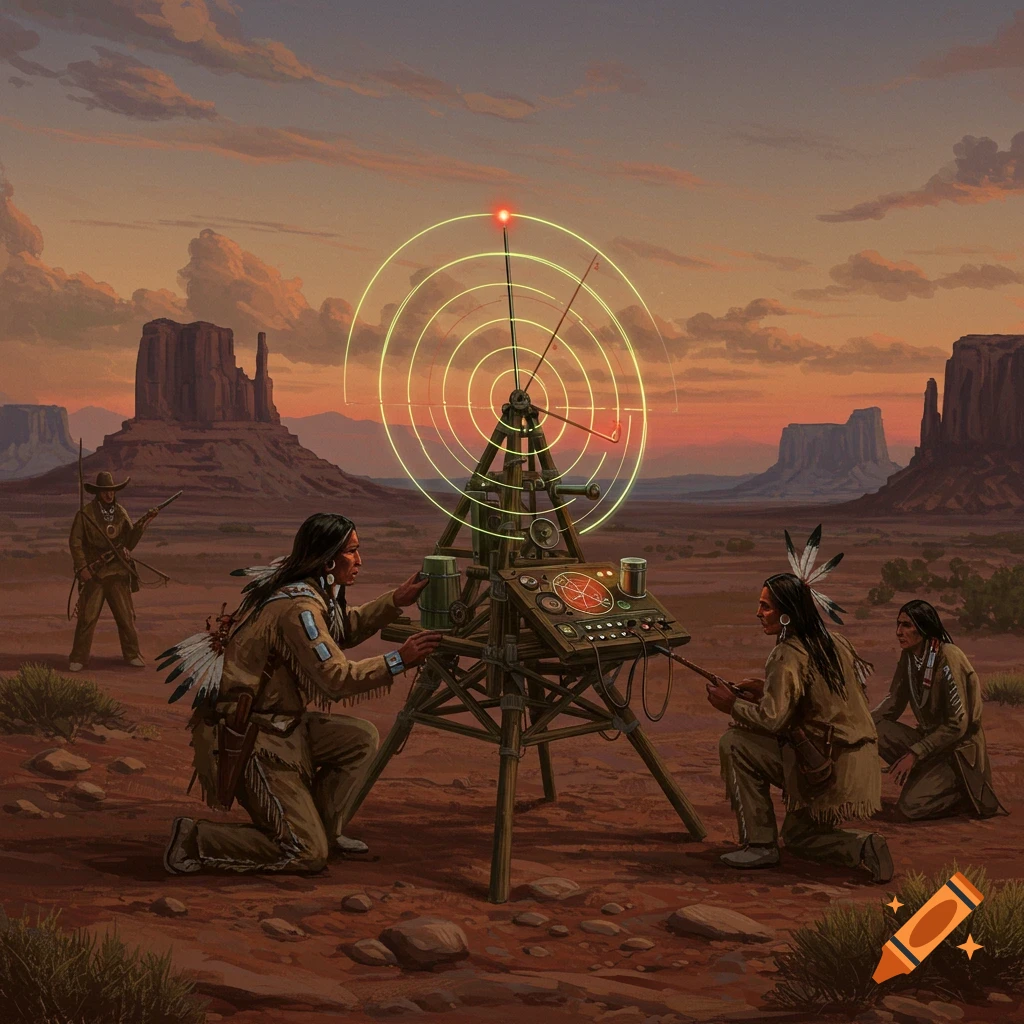 Native Americans operate a large radar device in a desert landscape with buttes at sunset. Painterly style.
