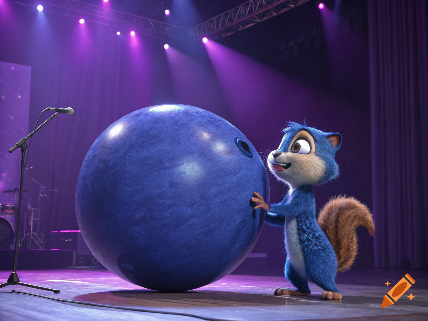 A blue cartoon squirrel stands next to a giant blue sphere resembling a blueberry on a stage with purple lighting. 3D rendering.