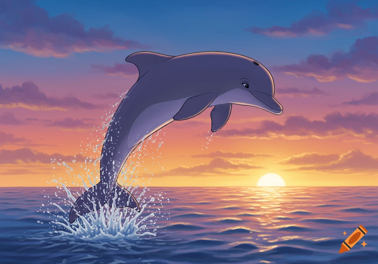 A cartoon dolphin leaps from the ocean at sunset, in an animated style.