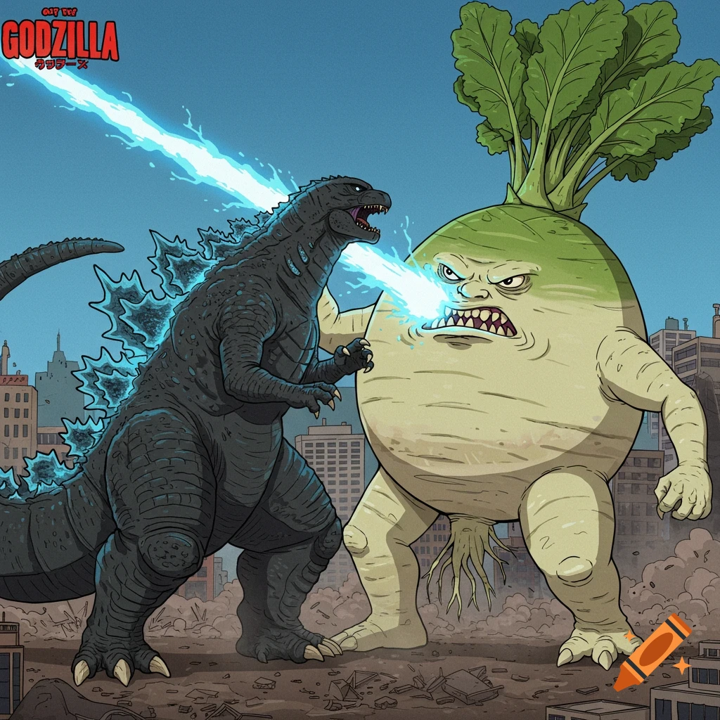 Cartoon illustration of Godzilla fighting a giant turnip monster in a ruined city.