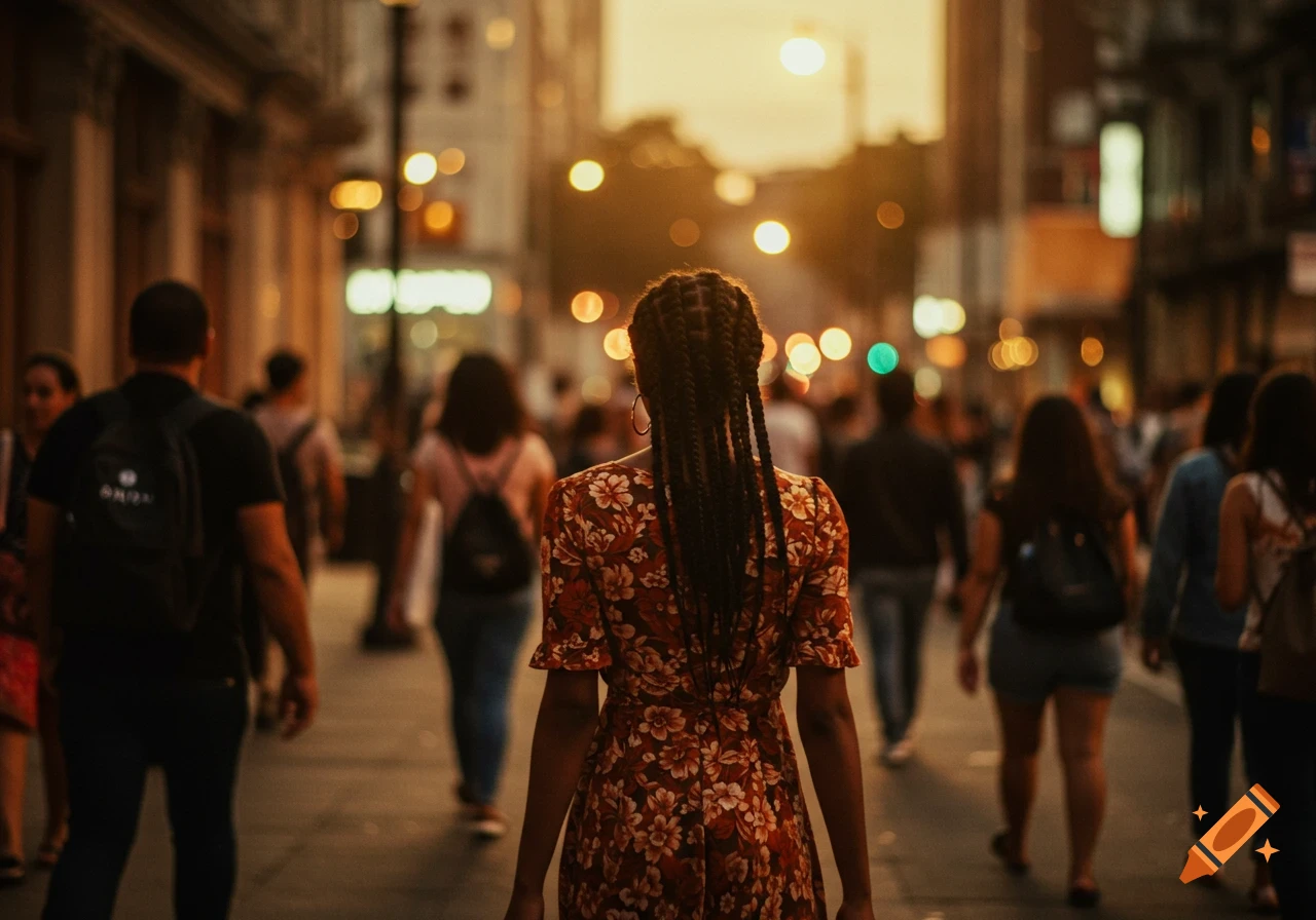 A woman with braided hair walks away into a blurry, crowded street at dusk, illuminated by warm lights.