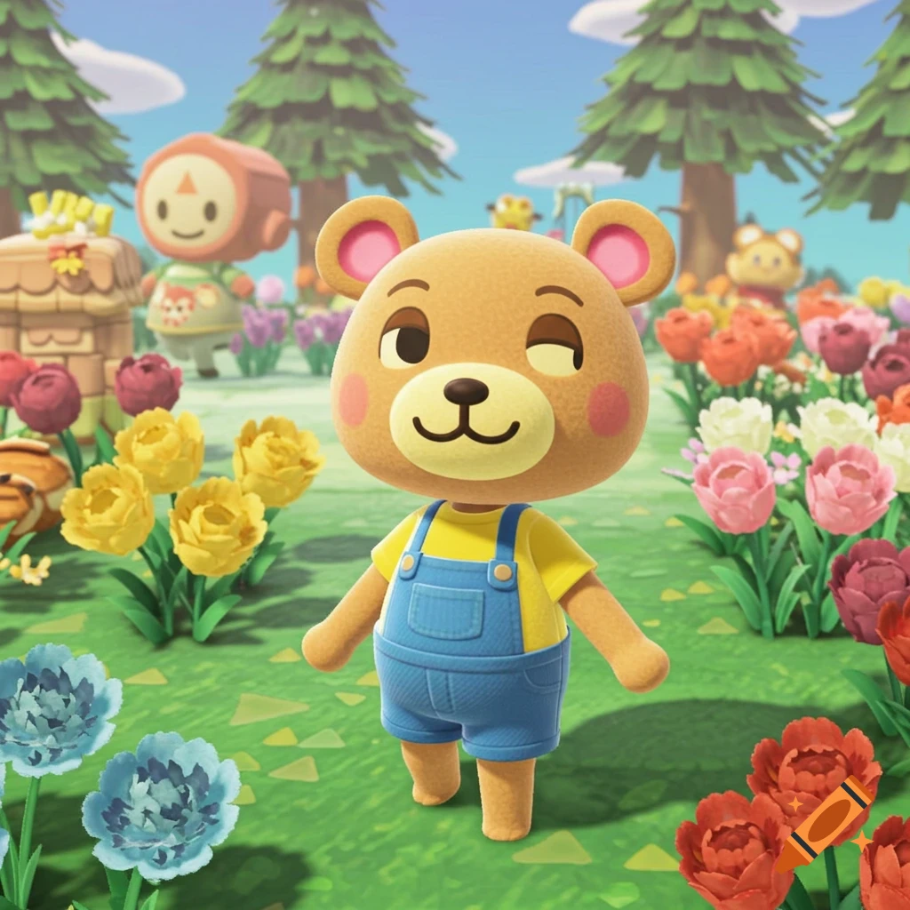 Animal Crossing bear villager in overalls standing in a field of colorful flowers.