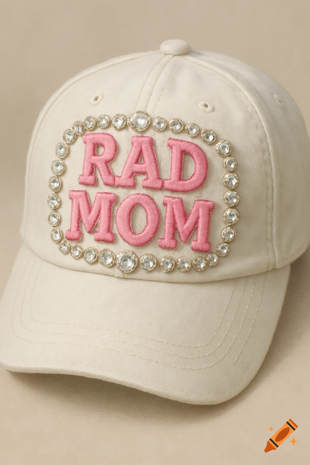 A white baseball cap with pink lettering that reads 'RAD MOM' surrounded by sparkling gemstones.